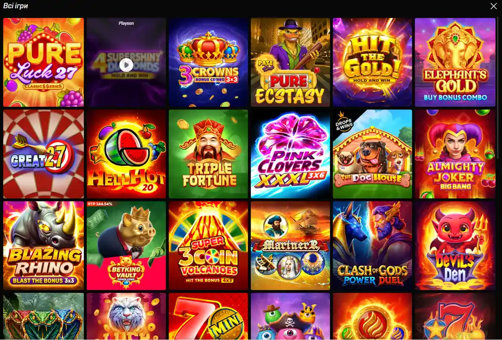 Розділ «Всі ігри» Беткінг: сітка слотів з позначками Buy Bonus і Drops & Wins